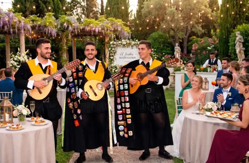 Tres tunos universitarios con capas y bandas actuando en un banquete de boda al aire libre