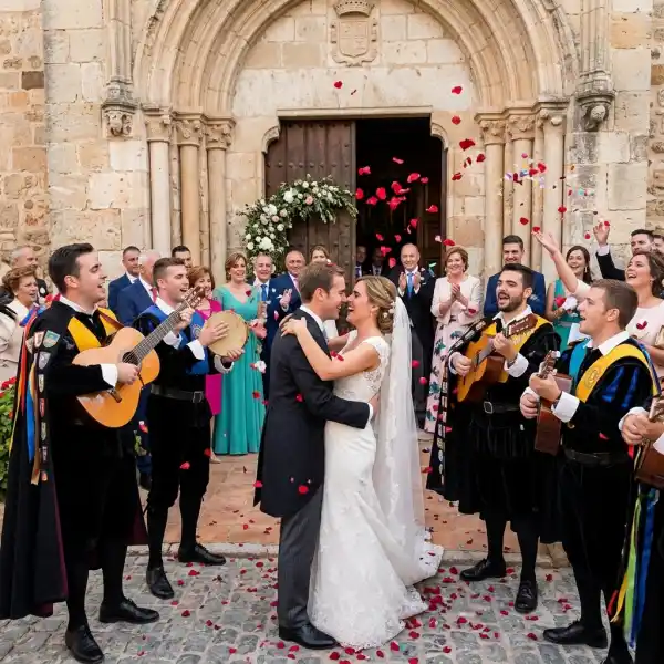 Tuna universitaria cantando a los novios a la salida de la iglesia mientras los invitados lanzan pétalos