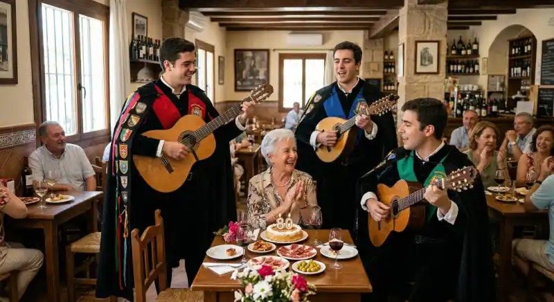 Tres tunos universitarios cantando a una señora en su cumpleaños en un restaurante tradicional, mientras ella aplaude emocionada